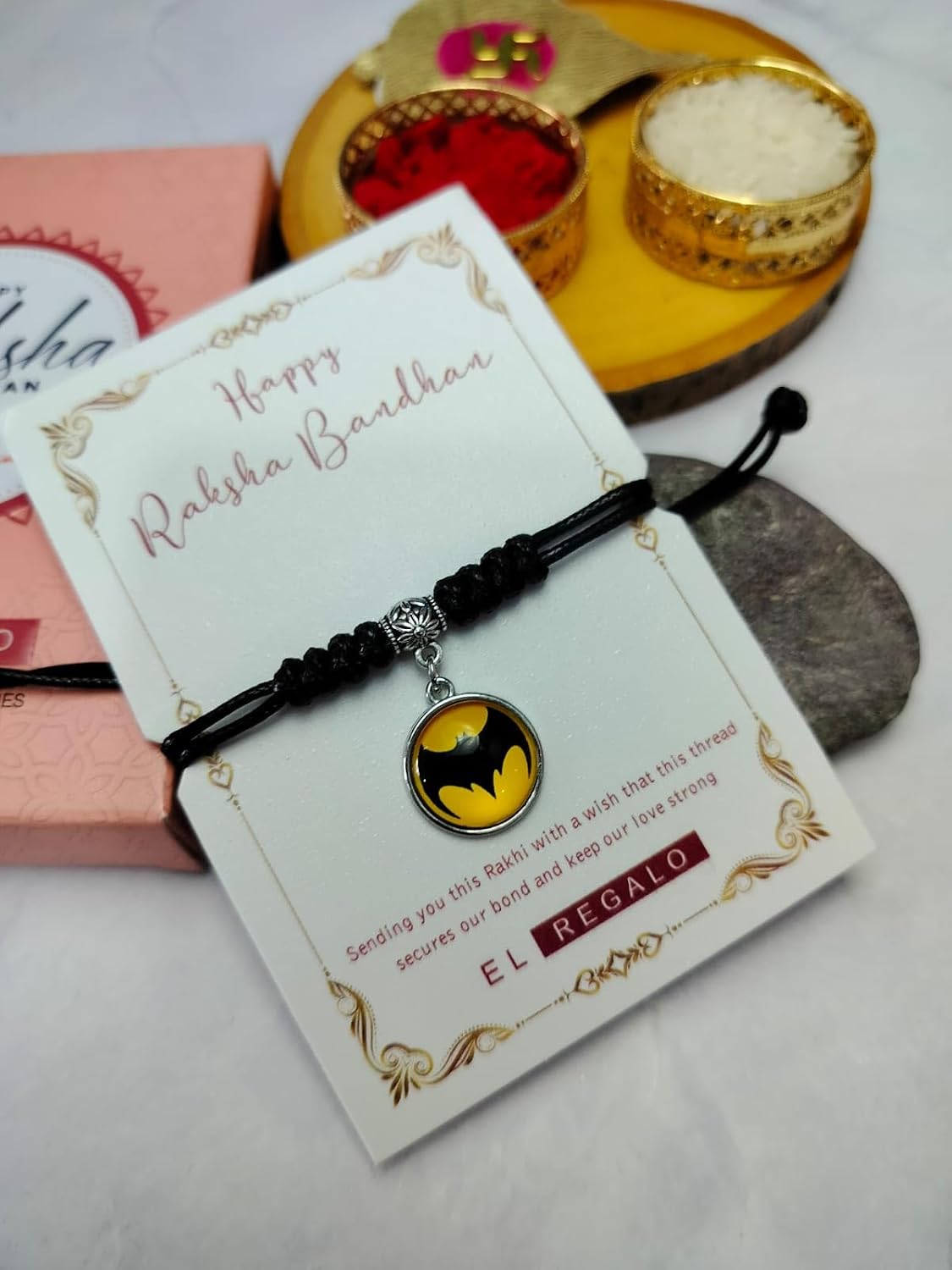 El Regalo 1PC Superhero Kids Rakhi- Fun Kids Bracelet Rakhi with Roli Chawal, Rakhi Message Card in Rakhi Gift Box for Little Bro/Sister/Niece or Nephew (Batman Black Rakhi)