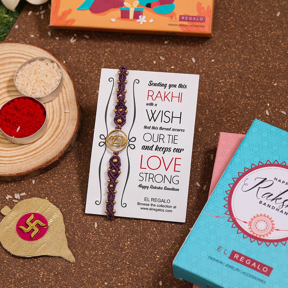 El Regalo 1PC Chakra Rakhi for Brother- Designer Chakra Reiki Healing Symbols Hand Braided Rakhi with shagun, Rakhi Card in Gift Box for Bhaiya/Bhabhi/Niece/Nephew (Third Eye Chakra)