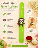 El Regalo Cute Slap Band Bracelet Rakhi for Kids Boys & Little Brother | Fun Quirky Silicone Slap Wristband Rakhi for Toddlers & Children with Roli Chawal Pack and Gift Box (Monkey)