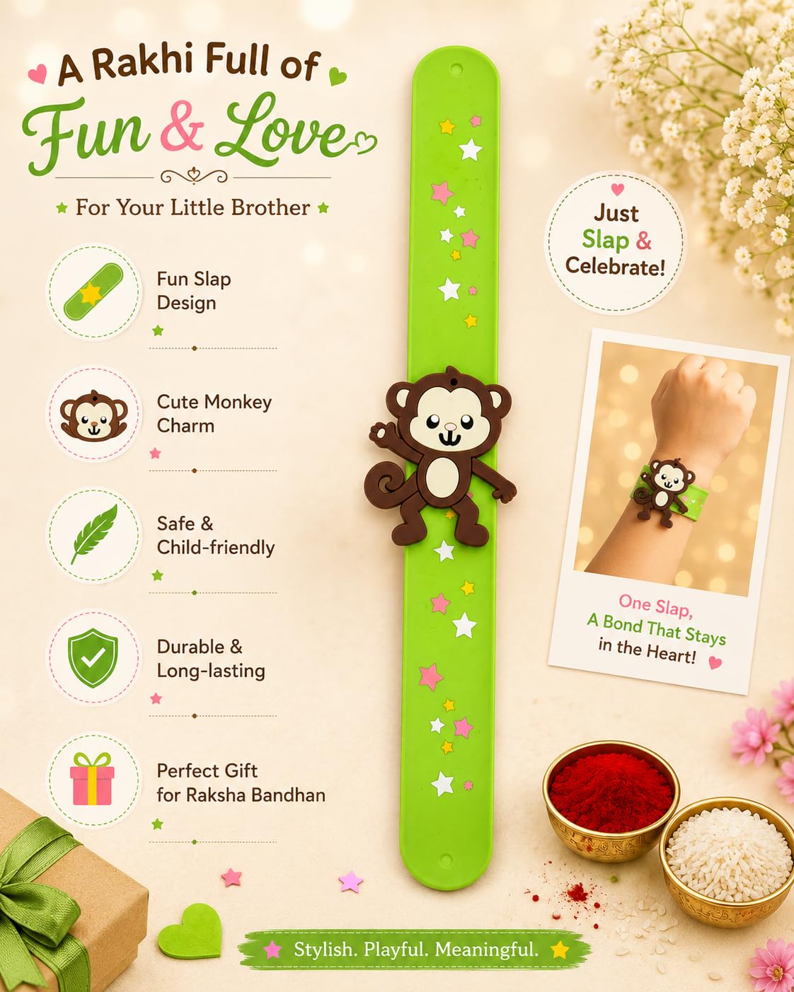 El Regalo Cute Slap Band Bracelet Rakhi for Kids Boys & Little Brother | Fun Quirky Silicone Slap Wristband Rakhi for Toddlers & Children with Roli Chawal Pack and Gift Box (Monkey)