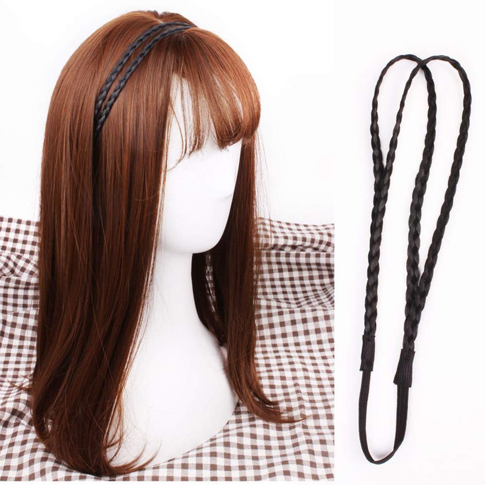 El Regalo Women Double Strands/Layered Twist Glossy Braided Hair Wig Simulated Hair Elastic Forehead Hairband (Black)