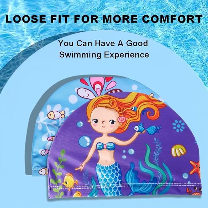 El Regalo 1PC Cute Cartoons/Animal Printed Kids/Babies Swimming Cap (1-6 Years Old) Comfortable Breathable Polyester Fabric Swimming Caps (Not Waterproof) (Blue Mermaid Swim Cap)