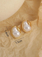 El Regalo Womens Classic Baroque Faux Pearl Stud Earrings - Elegant French Vintage Style, Irregular Geometric Abstract Golden Pearl