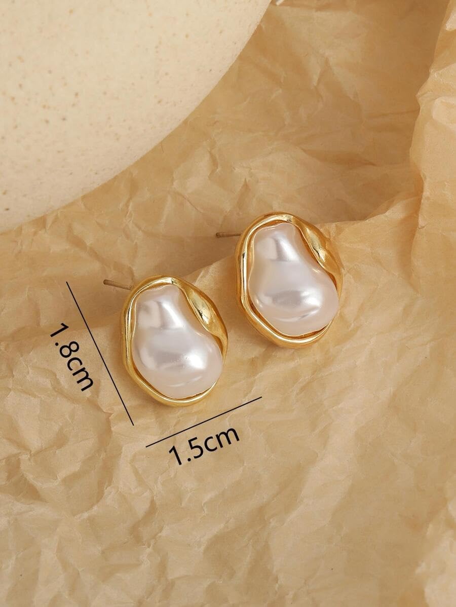 El Regalo Womens Classic Baroque Faux Pearl Stud Earrings - Elegant French Vintage Style, Irregular Geometric Abstract Golden Pearl