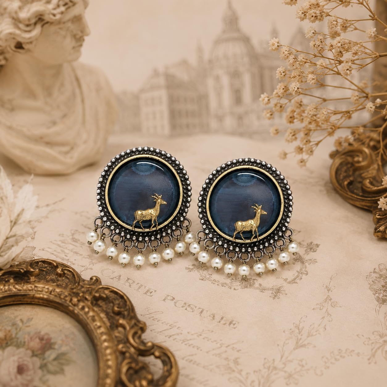 El Regalo Big Antique Oxidised Vintage Stud Earrings for Women and Girls | Boho Ethnic Statement Dual Tone Ear Tops with 3D Gold Deer Motif & Hanging Pearl Drops | Premium Traditional Festive Gift Jewelry (Grey)