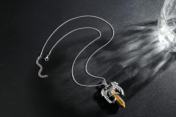 El Regalo Goth Gothic Viking Dragon Crystal Pendant Necklace for Men & Boys | Dragon Wing Necklace | Punk Biker Fantasy Statement Jewelry (Brown)