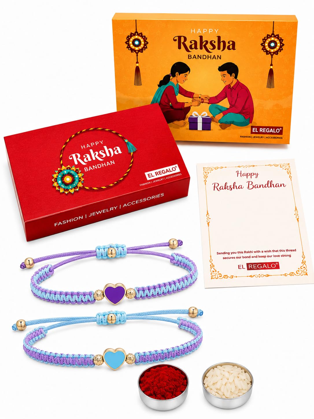 El Regalo 2PCs Minimalist & Elegant Heart Bracelet Rakhi Combo Set for Brother/Bhai/Bhaiya-Bhabhi with Roli-Chawal & Rakhi Gift Box - Handwoven, Beautifully Packaged (Purple & Blue)