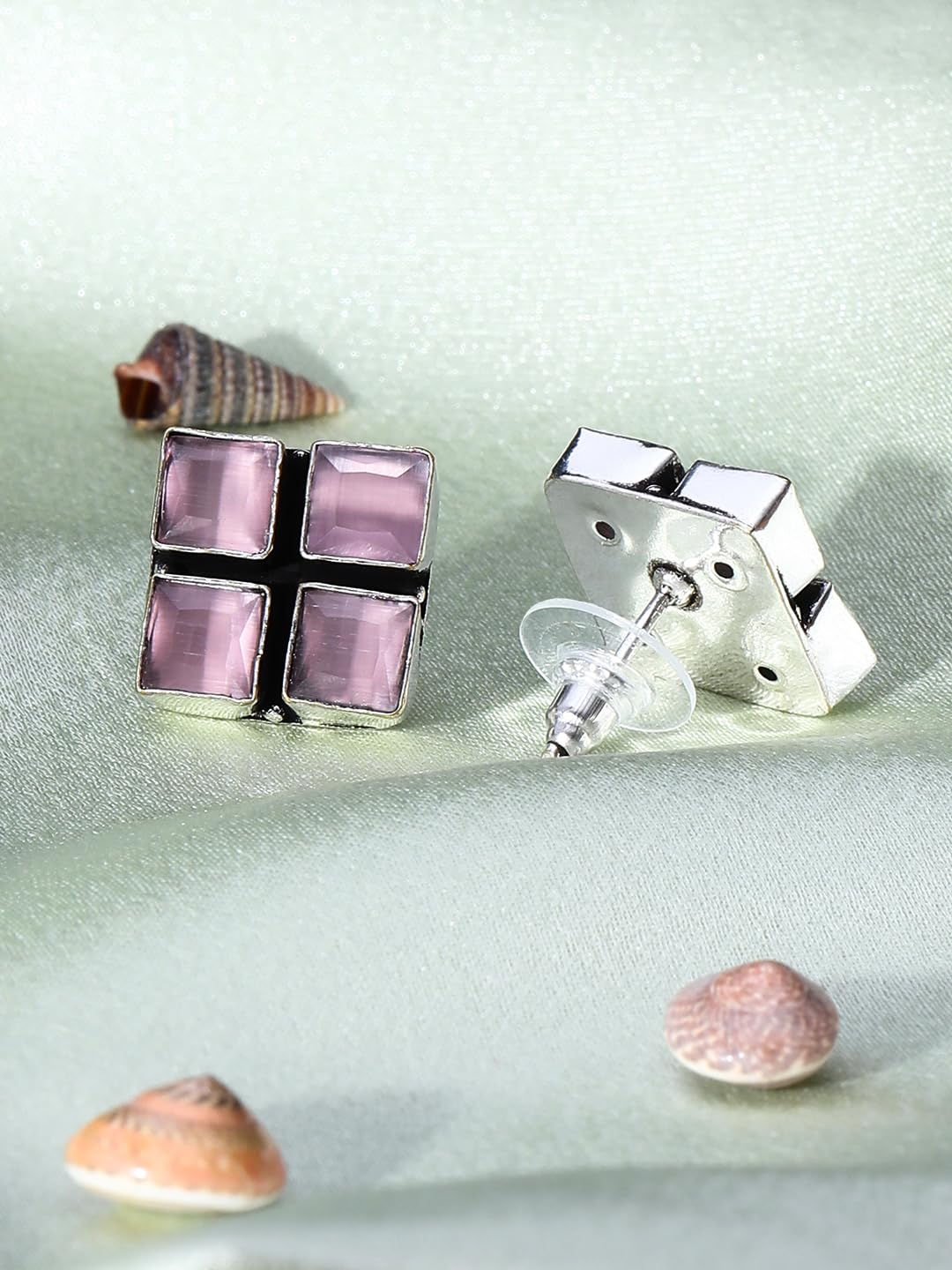 El Regalo 925 Silver Plated Oxidized Stud Earrings with Monalisha Stones - Square Bohemian Stud Earrings for Women - Tribal Antique Replica Earrings (Pastel Pink)