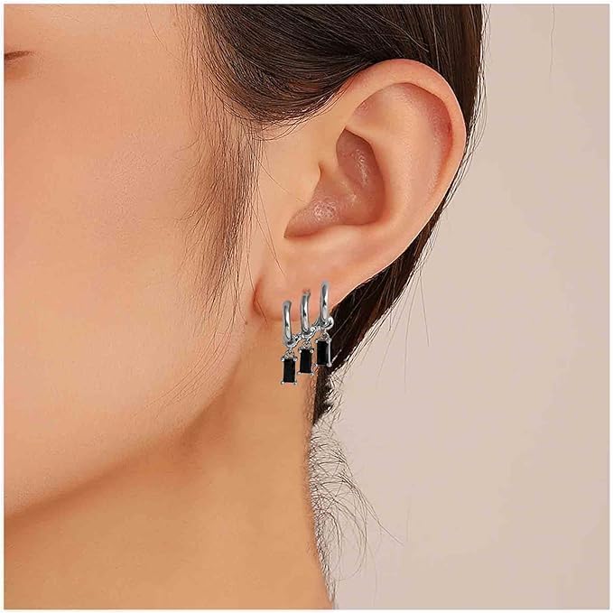 El Regalo Women's & Girl's Western Triple Ear Crawler Earrings- Triple Dangling Baguette Stone Earring- Exquisite Zircon Multilayer Earrings (Silver Black)
