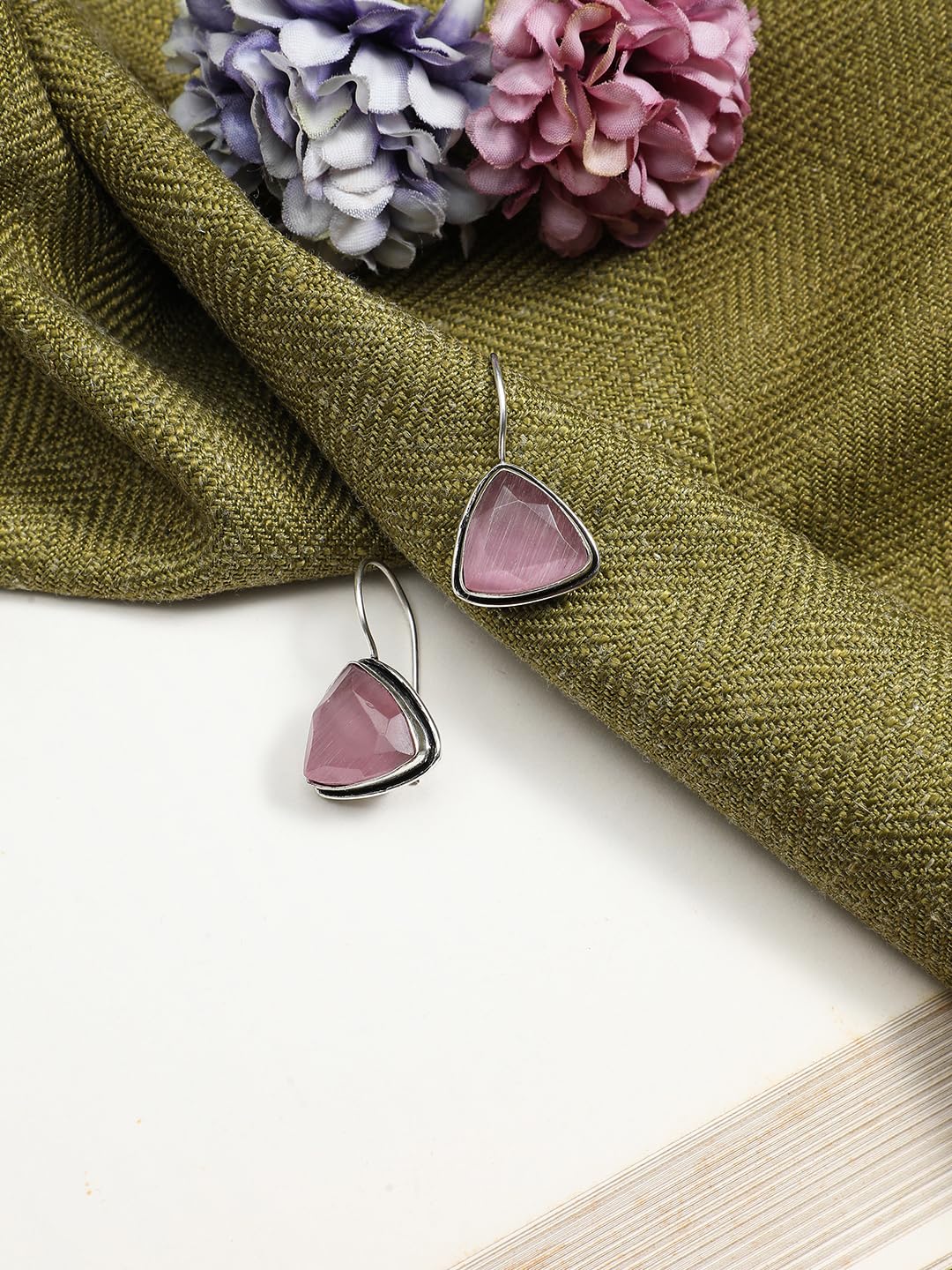 El Regalo 925 Silver Plated Hook Earrings for Women- Elegant Cushion Pyramid Half Bezel Stones (Pink)