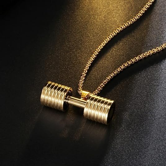 El Regalo Stainless Steel Gym Fitness Dumbbell Pendant Necklace for Boys/Men- Go Fit Motivational Fitness Sports Jewelry for Gym Lovers (Gold)
