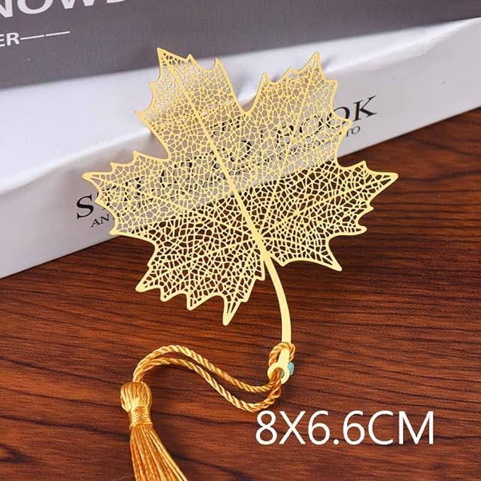 El Regalo Exquisite Metal Leaf Bookmark with Tassel - Gold Plated Hollow Leaves Brass Bookmarks for Students, Book Lovers, Writers, Teachers (Golden Maple Leaf)