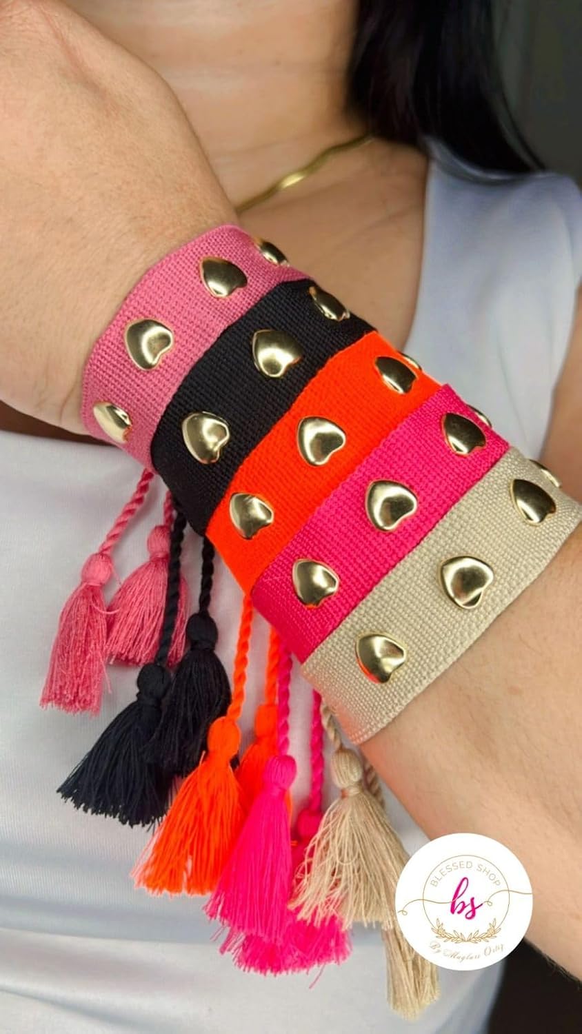 El Regalo Bohemian Style Heart Charm Rivet Tassel Unisex Bracelet | Handcrafted Woven Rope Bracelet with Golden Heart Charms and Adjustable Knot Closure (Berry Pink)