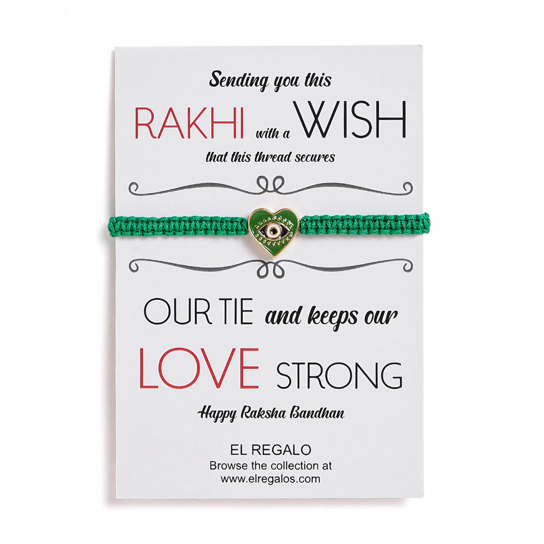 El Regalo 1 PC Heart Evil Eye Nazaria Rakhi for Brother- 1 PC Rakhi, Shagun Pack & Rakhi Message Card in Gift Box - Rakhi for Bhai/Bhabhi/Bhatija/Bhatiji (Green Heart Evil Eye)