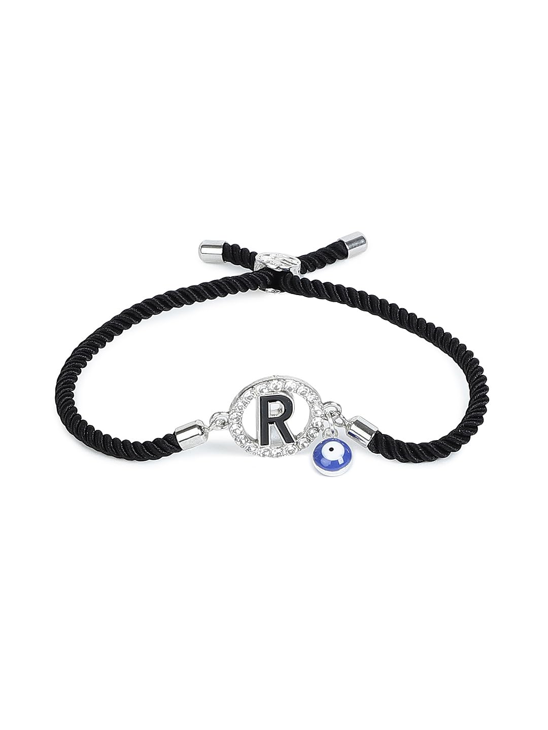 El Regalo Name Initials Evil Eye Bracelet Rakhi for Brother- Name Letter CZ Rakhi with Roli Chawal, Message Card in Rakshabandhan Box for Bhai (Black-R)