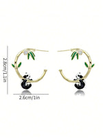 El Regalo Cute Enamelled 3D Panda Bamboo Half Hoop Earrings- Luxury Drip Oil Panda Bamboo Earrings for Women/Girls