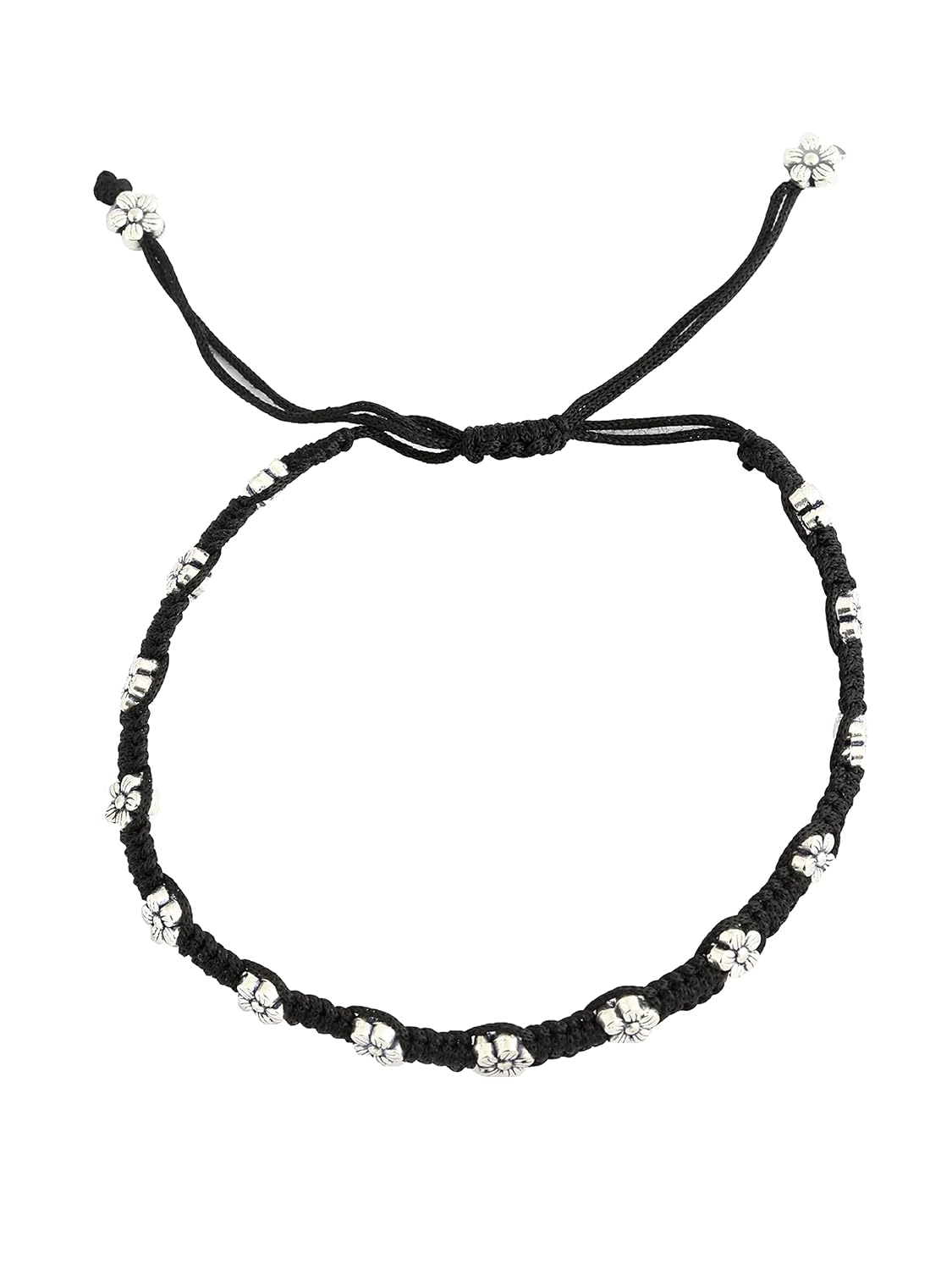El Regalo 1 PC Boho Macram Adjustable Oxidized German Silver Bead Nazabattu Anklet for Girls & Women- 1 Leg Bohemian Tribal Thread Anklet (Floral Bead Nazarbattu Anklet)