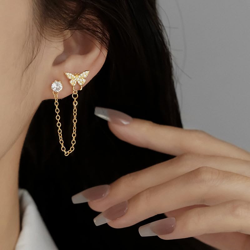 El Regalo Butterfly Chain Cuff Earrings for Women | CZ Diamond Stud & Butterfly Ear Cuff Linked Earrings | Long Chain Cartilege Earrings for Girls | Trendy Party Fashion Jewelry