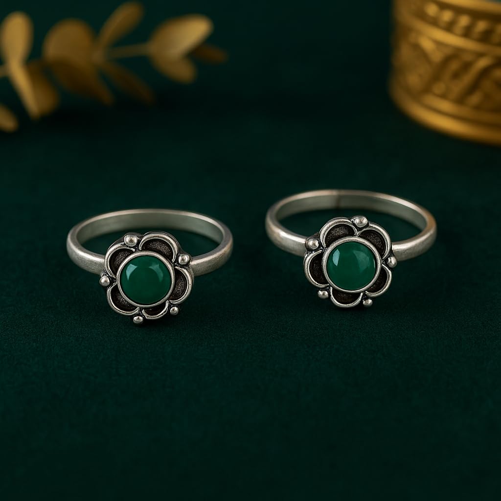 El Regalo Flowers Toe Rings For Women | Stones Toe Rings | Oxidized German Silver Flower Toe Rings Set with Stones (1 Pairs) for Women (Green Stones)