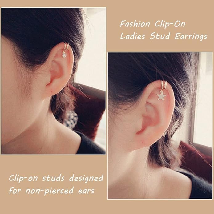 El Regalo 1 Pair Clip On Cartilage Non Piercing Earrings Set for Girls & Women- Trendy Clip On Earrings (Silver Stars)