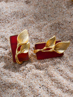 El Regalo Fancy Leaf Raw Stones Stud Brass Contemporary Earrings - Gold Plated Matte Finish Stone Studs for Girls and Women (Red)