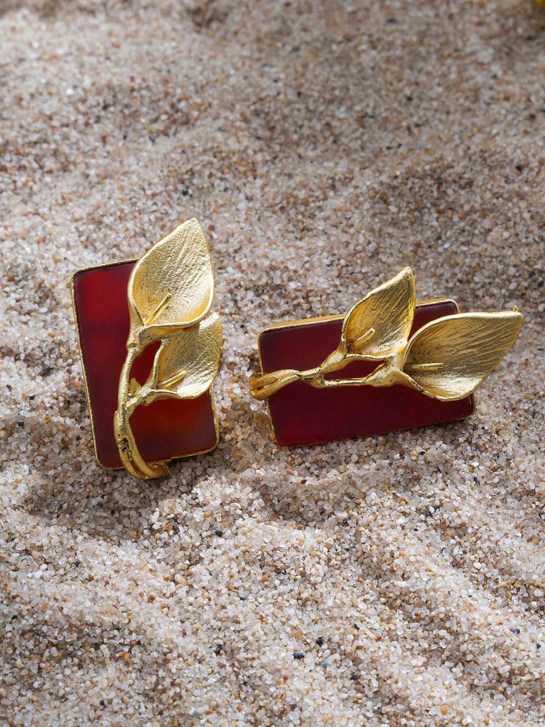 El Regalo Fancy Leaf Raw Stones Stud Brass Contemporary Earrings - Gold Plated Matte Finish Stone Studs for Girls and Women (Red)