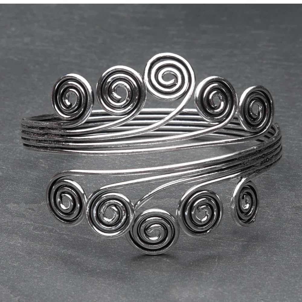 El Regalo Women's 1 Pc Oxidized Vintage Spiral Armlet In Antique Finish- Filigree Adjustable Spiral Brass Arm Cuff Bracelet (Antique Silver)
