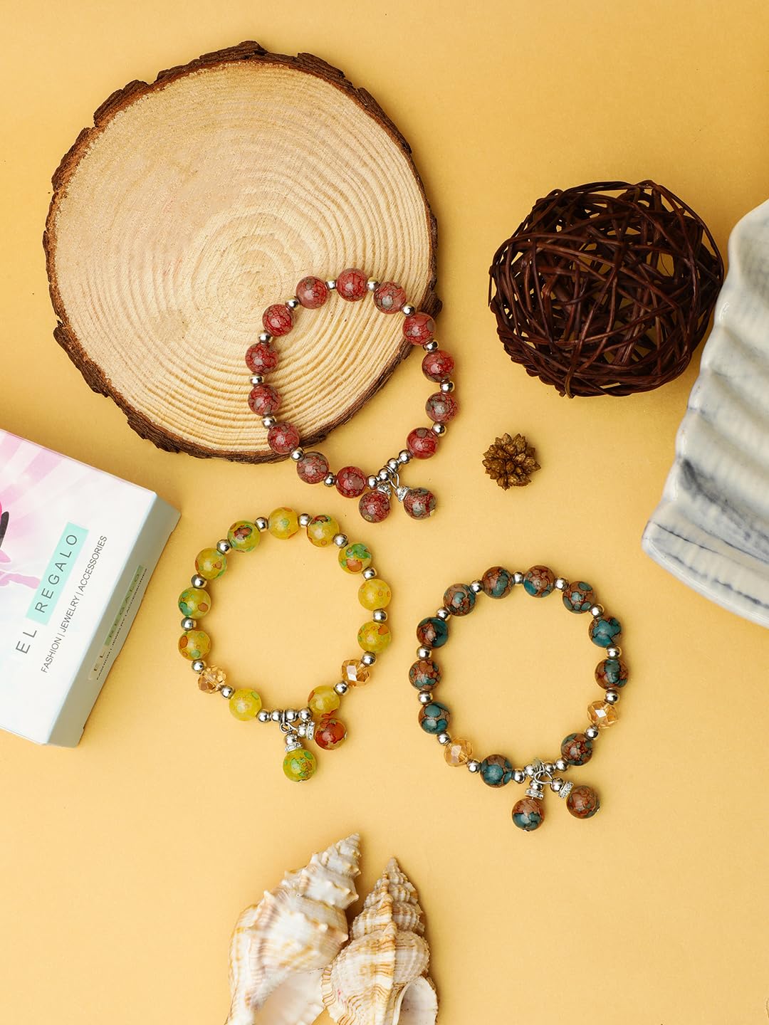 El Regalo 3 PCs Bohemian Crystal Beads Bracelet Set- Multi Colored Natural Stones Strech Bracelets for Girls & Women