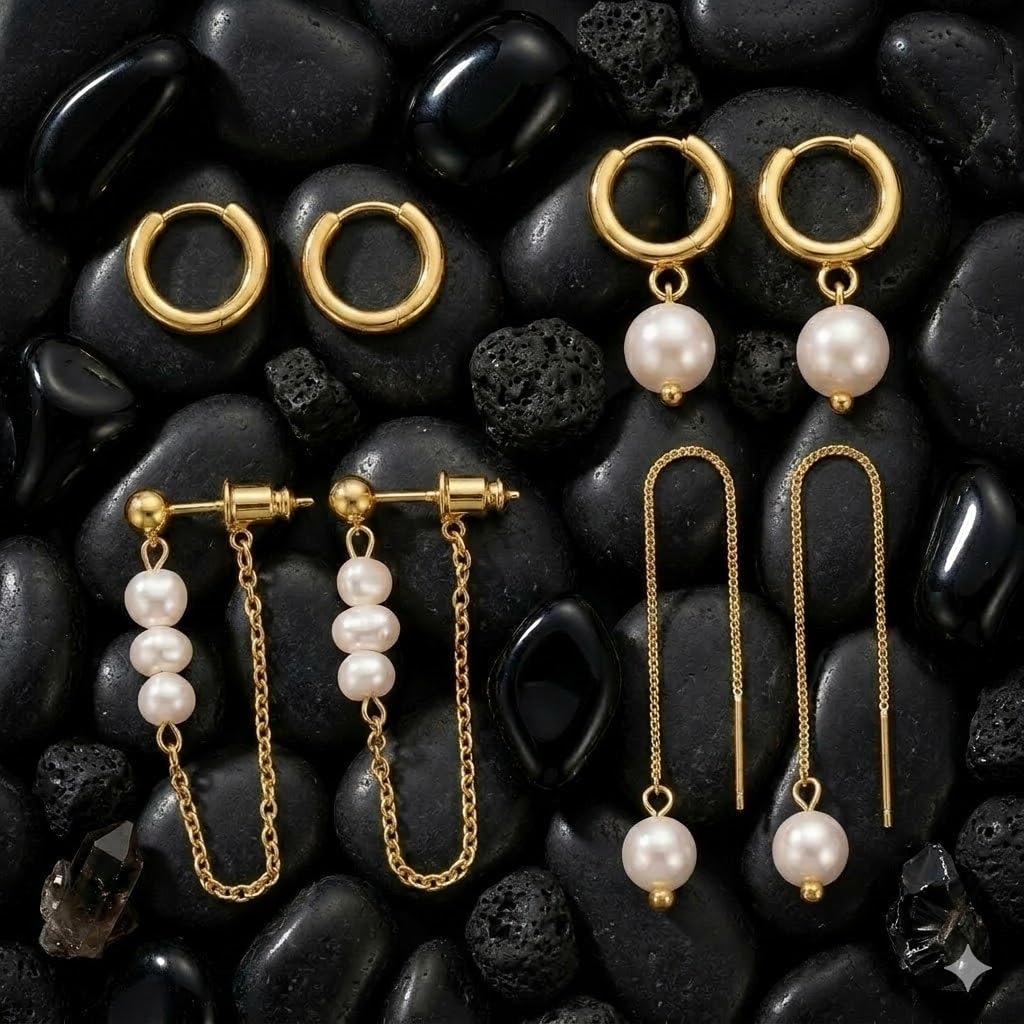 El Regalo 14K Gold Plated Pearl Drop & Huggie Hoop Earrings Combo Set for Women | 4 Pairs Anti-Tarnish Hypoallergenic Earring Stack for Multiple Piercings & Cartilage | Premium Aesthetic Jewellery Gift