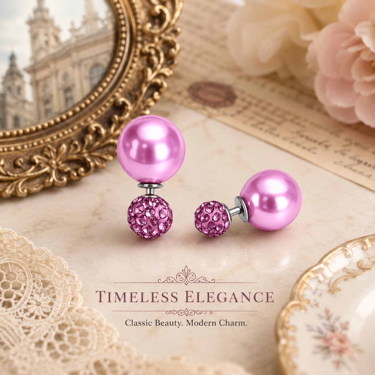 El Regalo's Double Sided 2 Ways Disco Ball Pearl Stud Earrings for Women | Reversible Front Back Ball Earrings | Crystal Rhinestone Back | Fashion Jewelry for Girls (Mauve)