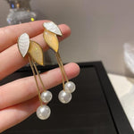 El Regalo Leaf Pearl Tassel Contemporary Drop Earrings For Girls & Women- Gold Tone Leaf Pearl Dangler Earrings (Golden)