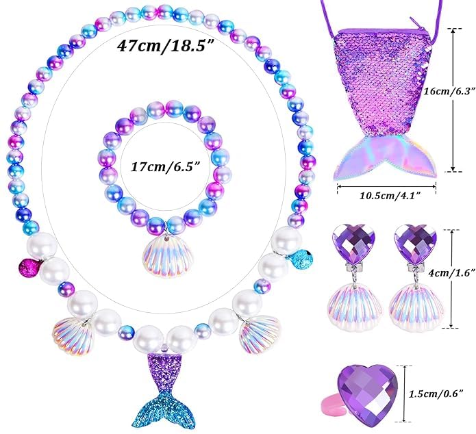 El Regalo Mermaid Jewelry for Girls,Toddler Mermaid Accessories for Kids Mermaid Necklace for Girls Mermaid Jewelry Set with Mermaid Purse Costume Jewelry (Ocean Blue)