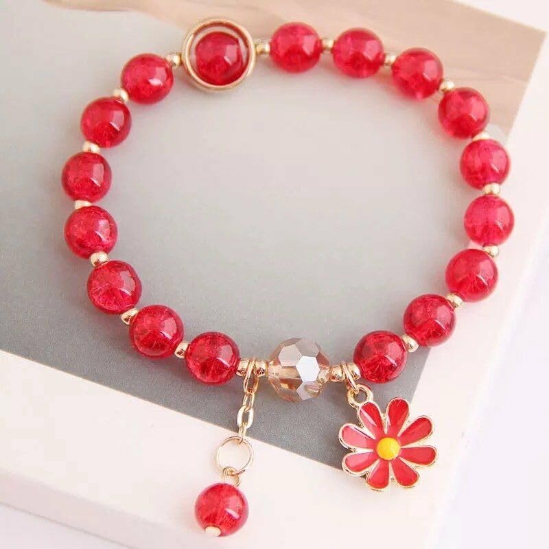 El Regalo 1 PC Dailsy Flower Sparkly Crystal Beads Tassel Bracelet for Girls/Teens/Women- Cute Crackle Beads Daisy Flower Stretch Bracelet (Red)