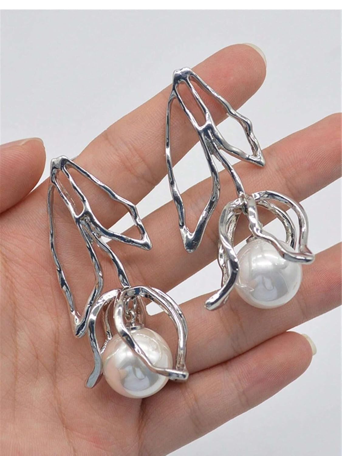 El Regalo Exaggerated Irregular Pearl Statement Earrings- Striking European Design, Lightweight Leaf Pattern Earrings with Dangling Pearls