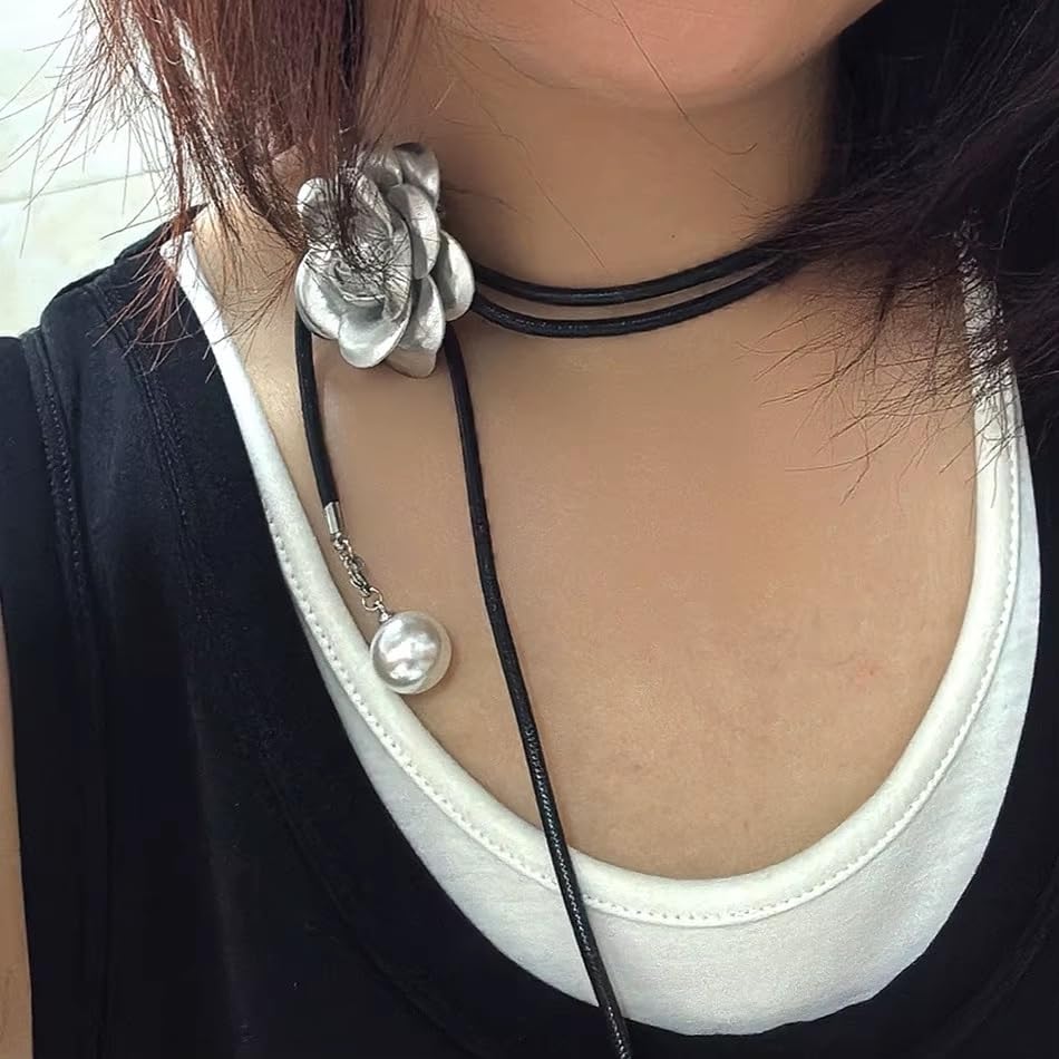 El Regalo 3 in 1 Adjustable Camellia Flower Choker Necklace cum Waist Body Chain for Girls & Women | Multi-Use Fashion Jewelry for Weddings, Parties & Holidays (Silver)