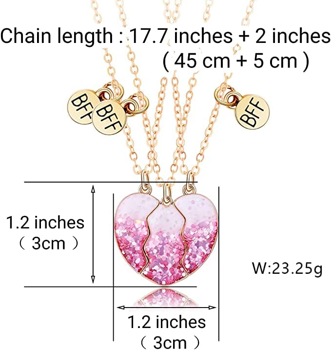 El Regalo 3 PCs BFF Best Friend Forever Split Heart Magnetic Matching Pendant Necklaces Set for Kids/Girls/Teens- Friendship Puzzle Necklaces Sets for Besties (Pink Sparkling Heart BFF)