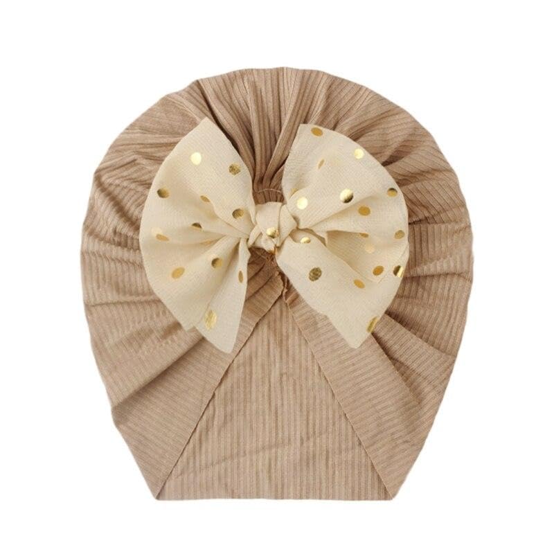 El Regalo 1PC Baby Turban Headband - Soft Nylon Bow with Golden Polka Dots - Newborn to Toddler Headwrap for Baby Girls - Stretchy & Comfortable Fit for 6 Months to 5 Years (Golden, One Size)