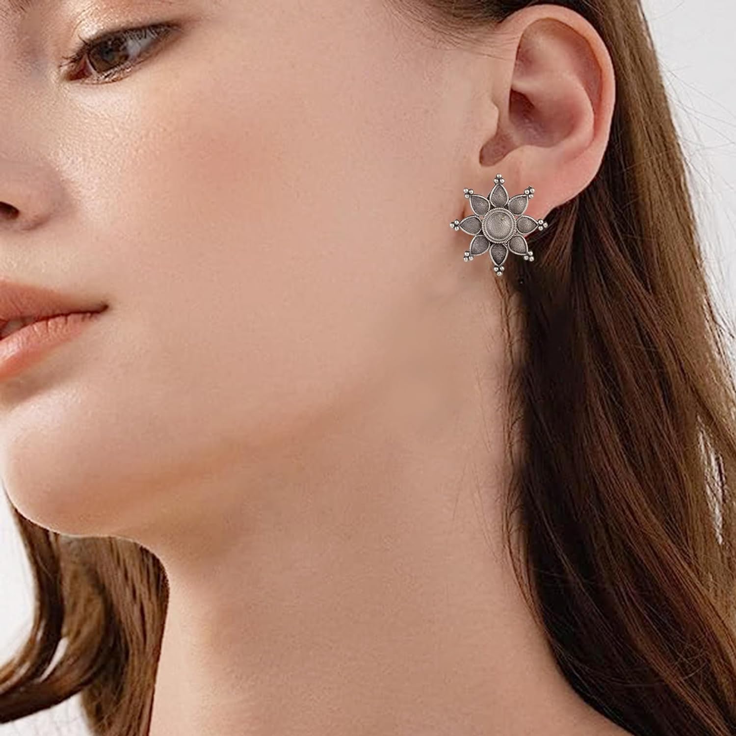 El Regalo Oxidized Flower Stud Earrings- Silver Lookalike Brass Floral Earrings for Girls & Women