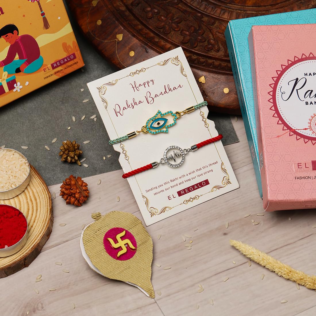 El Regalo Fancy 2PCs Evil Eye Rakhi Set for Brother with Roli Chawal & Rakhi Message Card - Lucky Protection Rakhi to Avoid Negative Energies for Brother/Sister-in-Law/Niece or Nephew (Option-3)