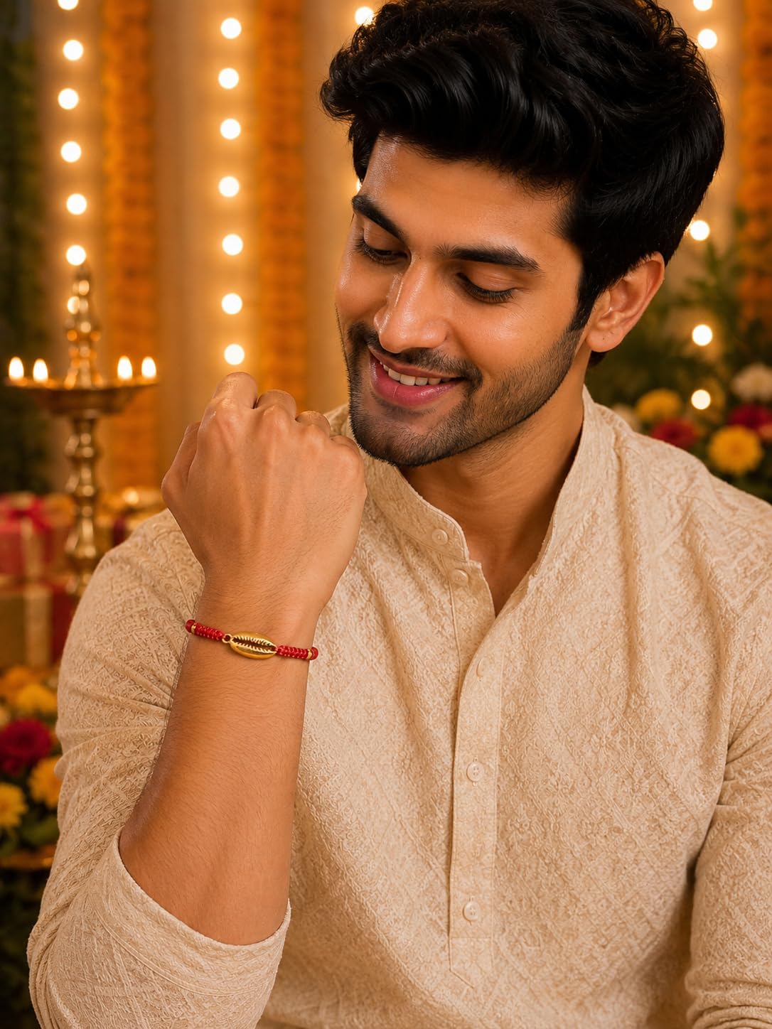 El Regalo Red Silk Thread Golden Shell Rakhi for Brother - Elegant Lucky Cowrie Shell Rakhi with Roli Chawal in Gift Box (Red Golden Shell)