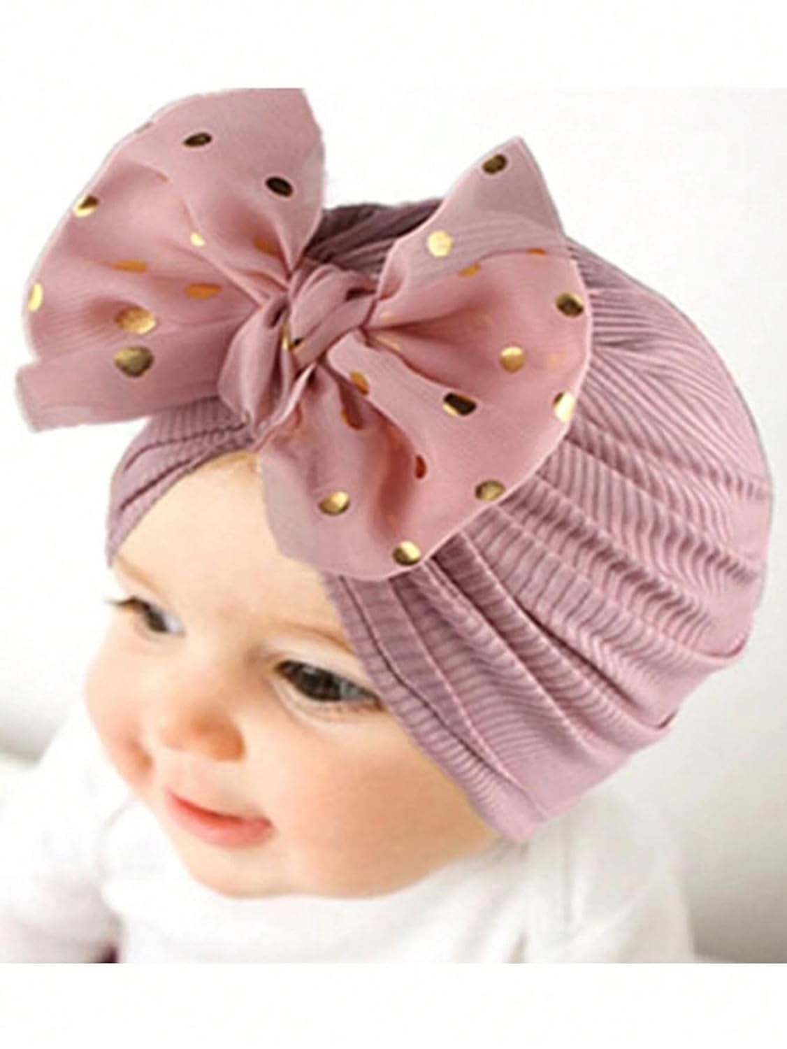 El Regalo 1PC Baby Turban Headband - Soft Nylon Bow with Golden Polka Dots - Newborn to Toddler Headwrap for Baby Girls - Stretchy & Comfortable Fit for 6 Months to 5 Years (Lavender, One Size)