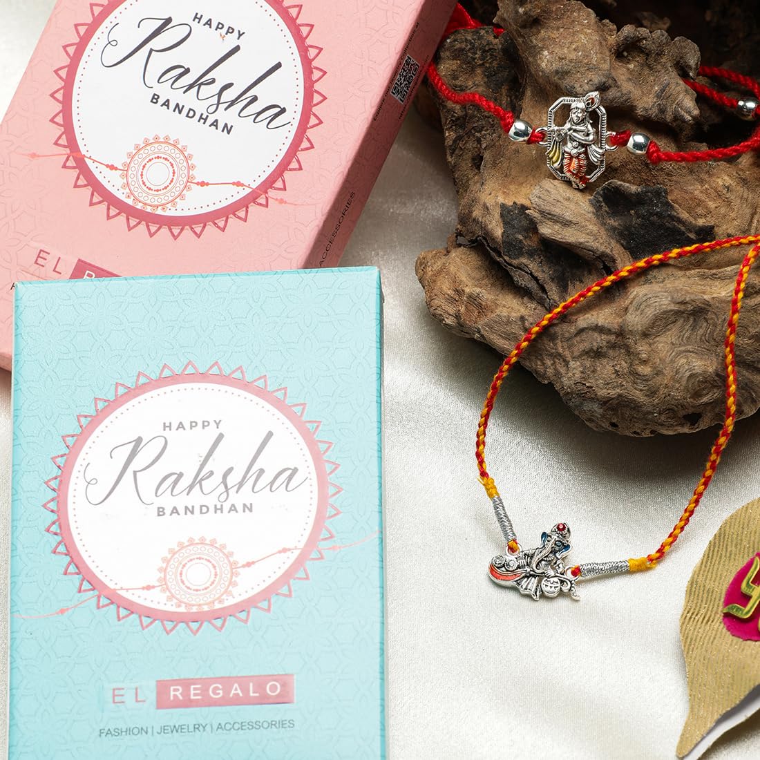 El Regalo 1PC Red Thread Rakhi for Brother- Auspicious OM & Krishna Red Moli Thread Rakhi for Bhai/Bhatija with Roli Chawal, Message Card in Rakhi Gift Box (Krishna Red Thread Rakhi)