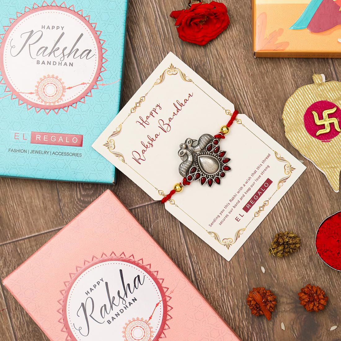 El Regalo 1PC Designer Peacock Red Golden Thread Rakhi for Brother- Antique Peacock Charm Rakhi with Roli Chawal, Rakhi Message Card in Rakhi Gift Box