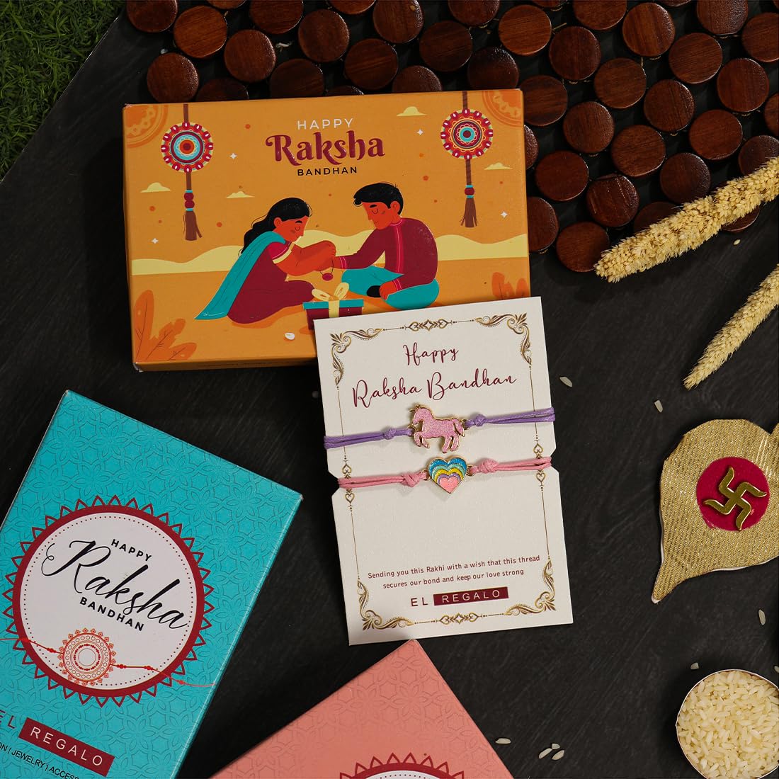 El Regalo 2PCs Cute Kids Bracelet Rakhi Combo Sets- Fancy Kids Rakhi for Brother/Sister with Roli Chwal, Rakhi Message Card in Rakhi Box for Babies/Toddlers/Kids (Unicorn & Heart Rakhi)