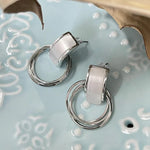 El Regalo Contemporary White Drop Hoop Stud Earrings- Modern Geometrical Fashio Earrings for Girls & Women (Silver)