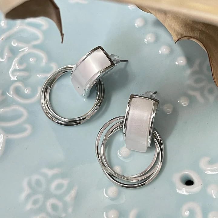 El Regalo Contemporary White Drop Hoop Stud Earrings- Modern Geometrical Fashio Earrings for Girls & Women (Silver)