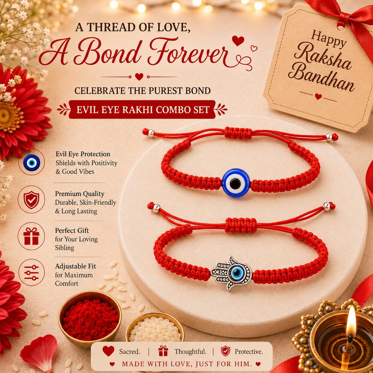 El Regalo Unisex Lucky Kabbalah Blue Turkish Evil Eye Hamasa Hand Red Macrame Rakhi Set for Bhaiya & Bhabhi (Hamasa Hands Evil Eye)