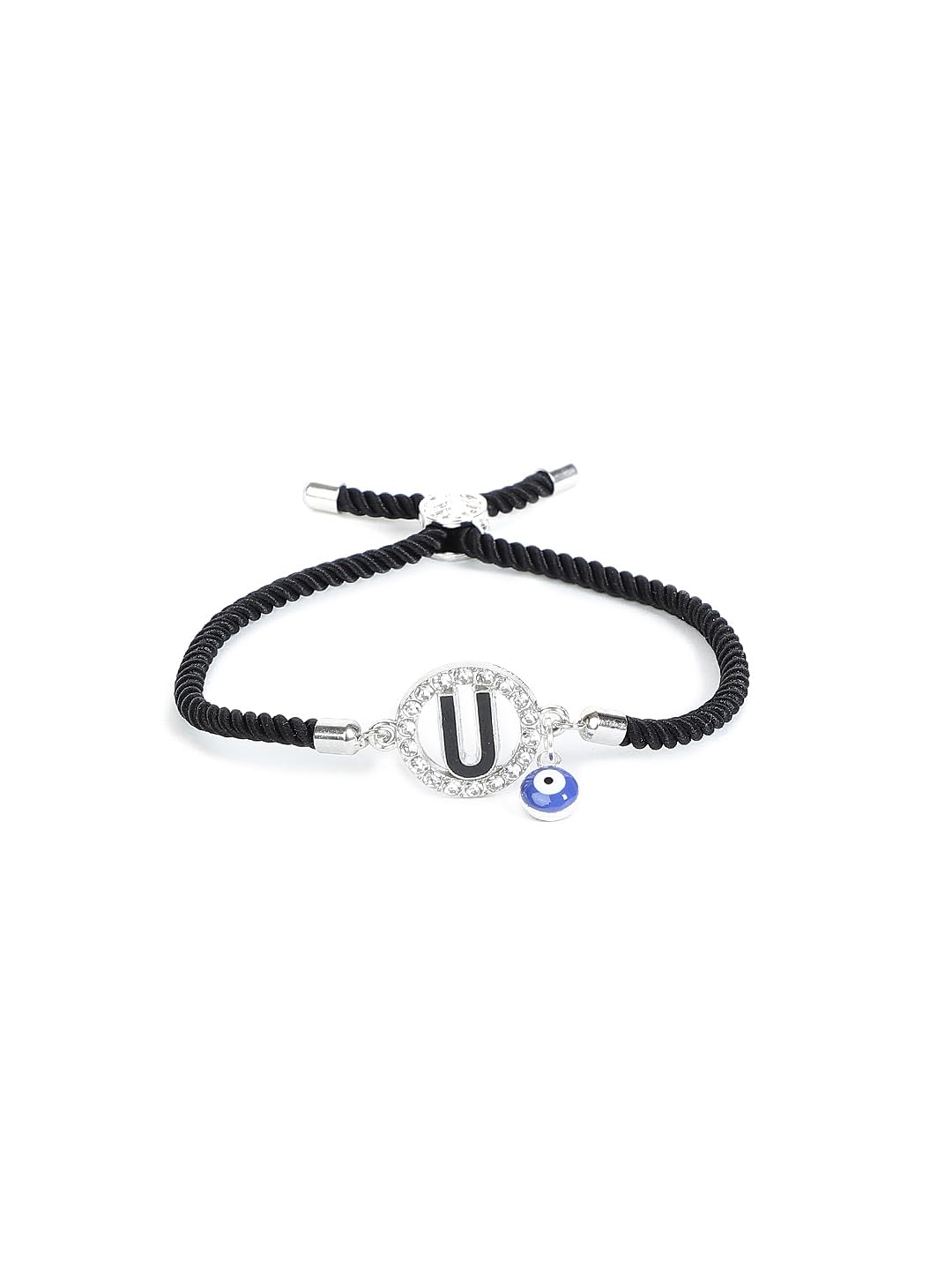 El Regalo Name Initials Evil Eye Bracelet Rakhi for Brother- Name Letter CZ Rakhi with Roli Chawal, Message Card in Rakshabandhan Box for Bhai (Black-U)