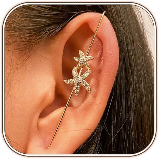 El Regalo 1 Pair Fancy Western Ear Wrap Needle Ear Crawler Earrings - Inlaid Zircon, Elegant Ear Cuff Climber Hook Earrings for Women Girls (Star Fish Needle)