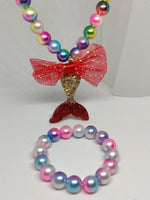 El Regalo Girls Princess Necklace Bracelet with Colorful Mermaid Shiny Beads Bow Kids Stretchy Costume Jewelry Gift Party Favors Dress up Jewelry for Little Girl Toddler (Glittery Red)
